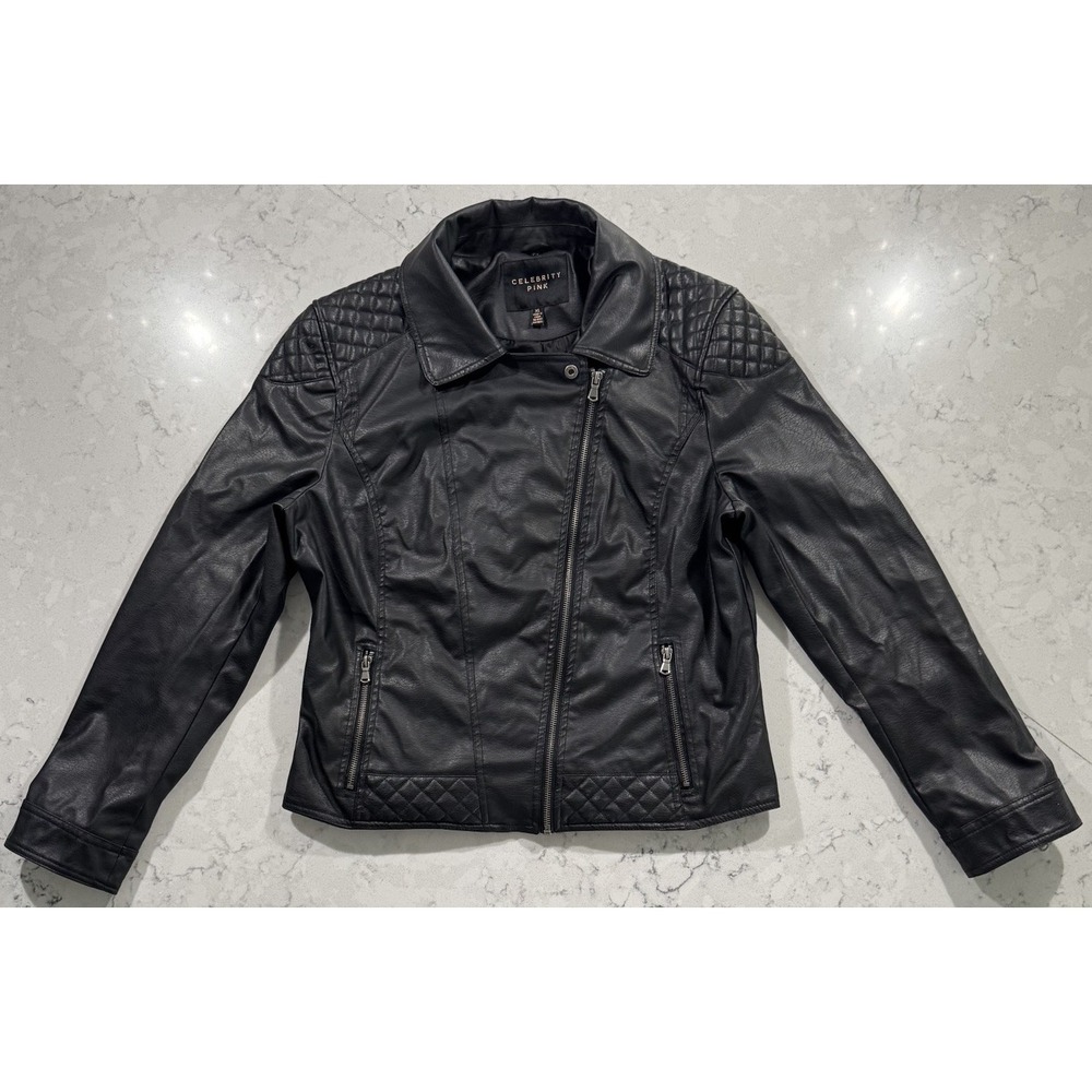 Celebrity Pink Faux Leather Jacket Women XL Black Moto Biker Quilted Shoulder